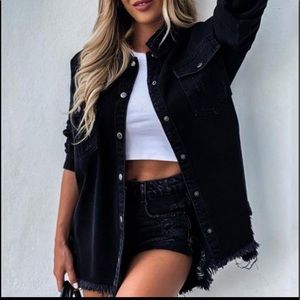 Shein Black Destroyed Denim Button Up Jacket, M